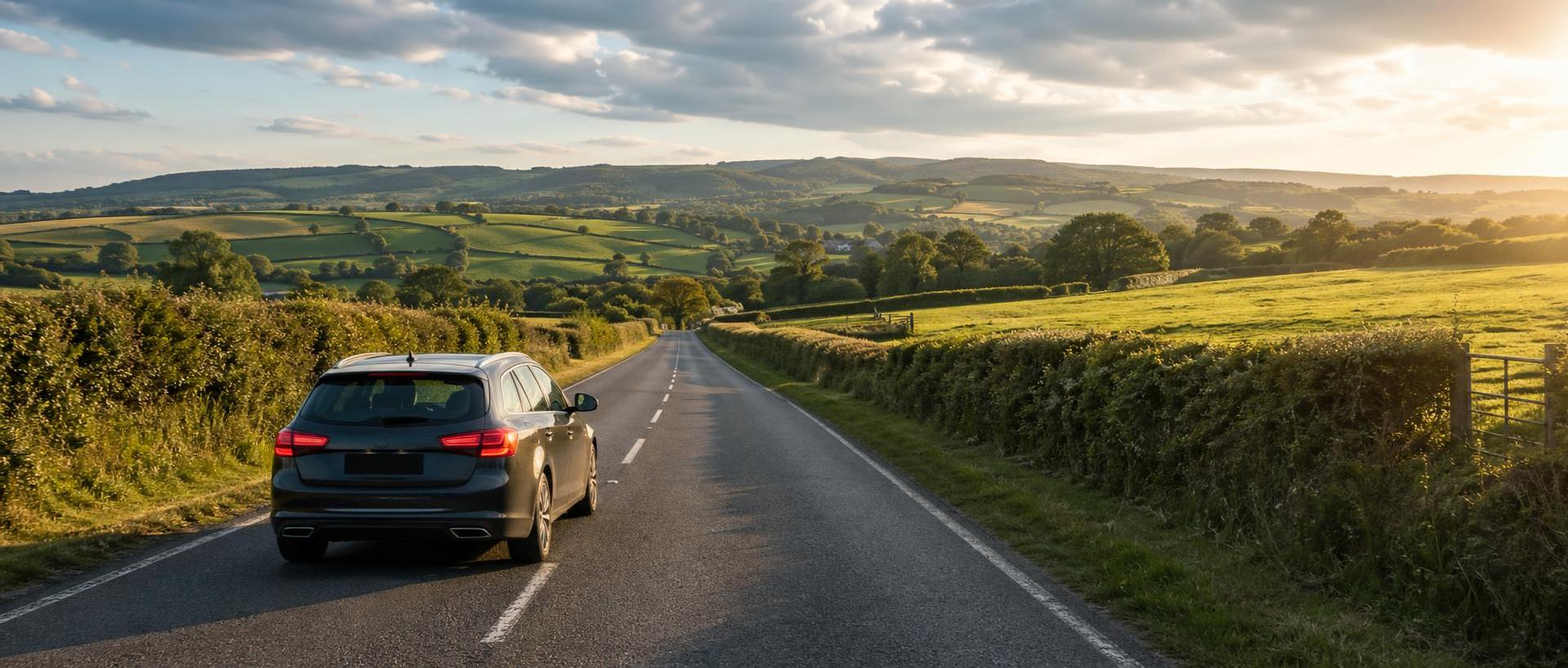 Dark grey estate car on a hedgerow-lined rural road near South Molton