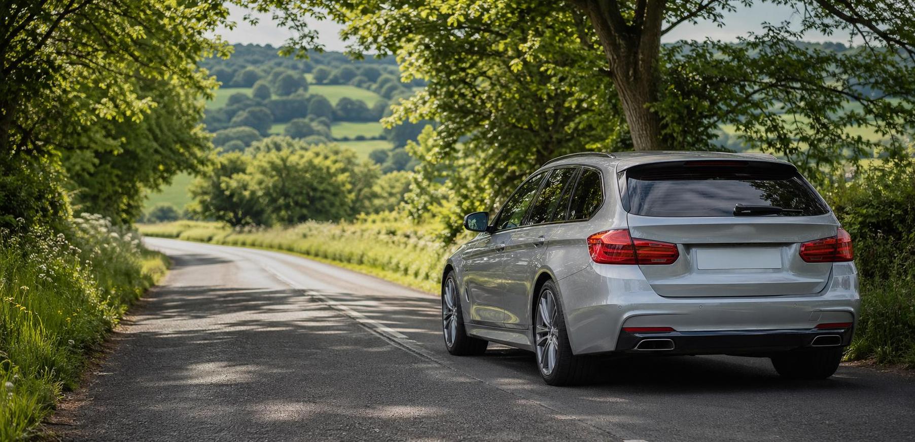 Silver estate car on a quiet tree-lined rural road in the Devon countryside