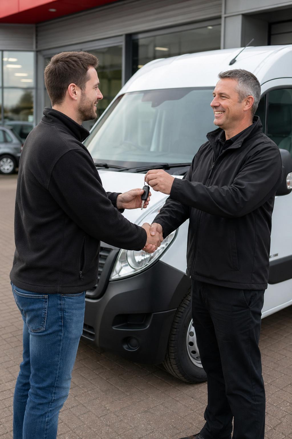 A customer receives keys beside a white hire van at a vehicle rental forecourt.