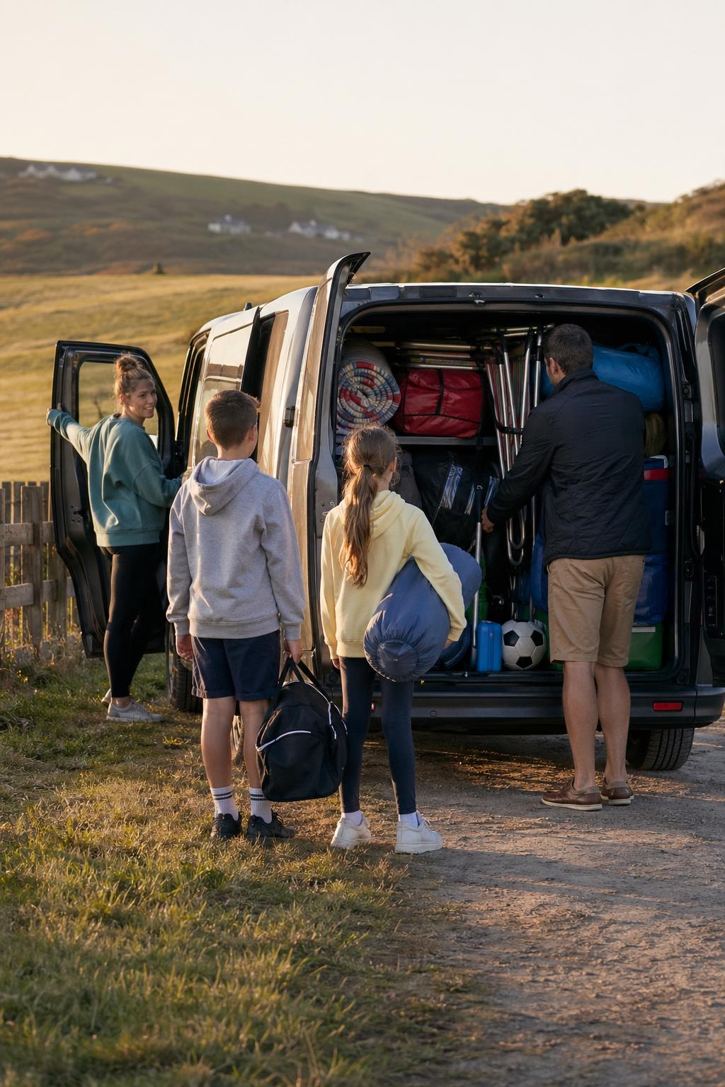 A hire van loaded with outdoor and beach gear in Braunton.