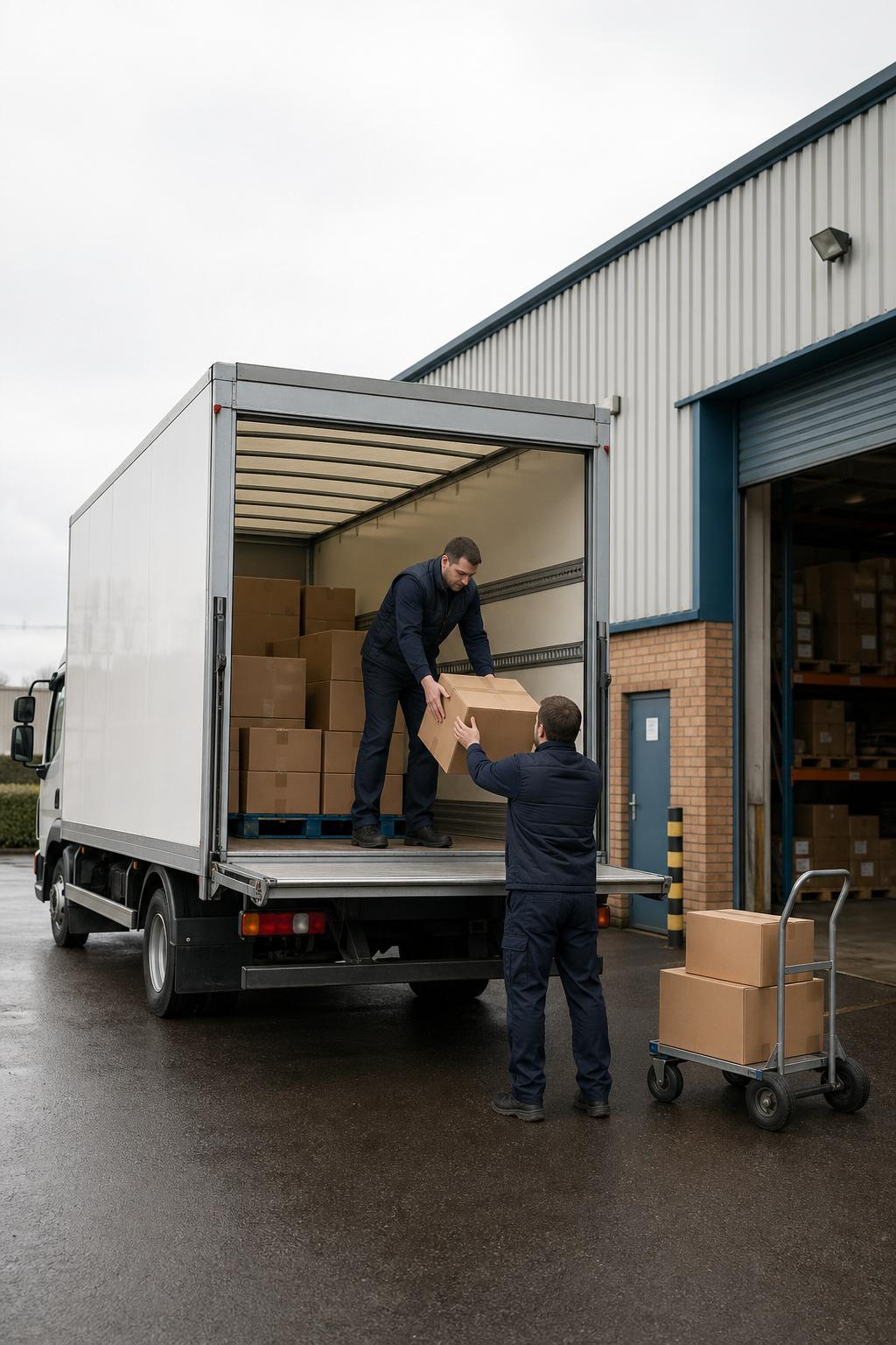 A box van being loaded outside a small industrial unit near Torrington.