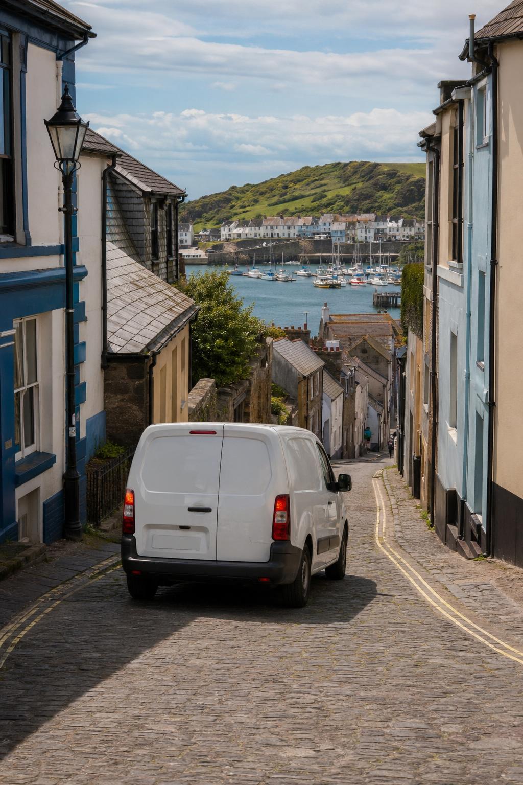 A small hire van driving through a coastal street in Ilfracombe.