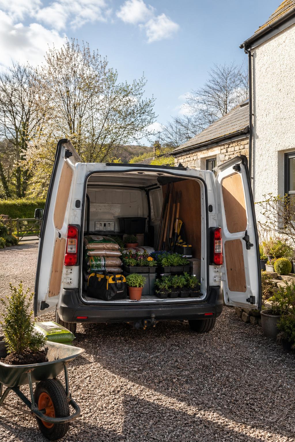 A hire van loaded with gardening supplies at a South Molton home.
