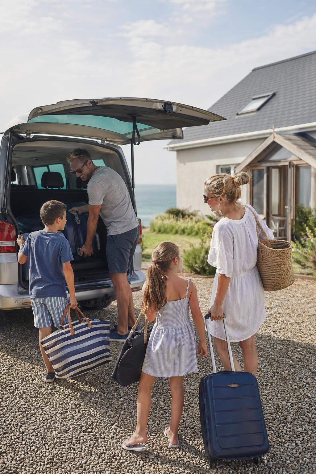 A family loading luggage into a hire van at a Woolacombe holiday cottage.