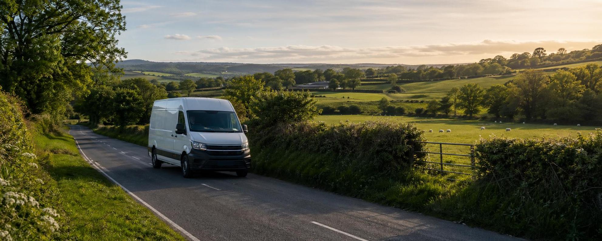 White van travelling along a rural B-road with farmland near Great Torrington