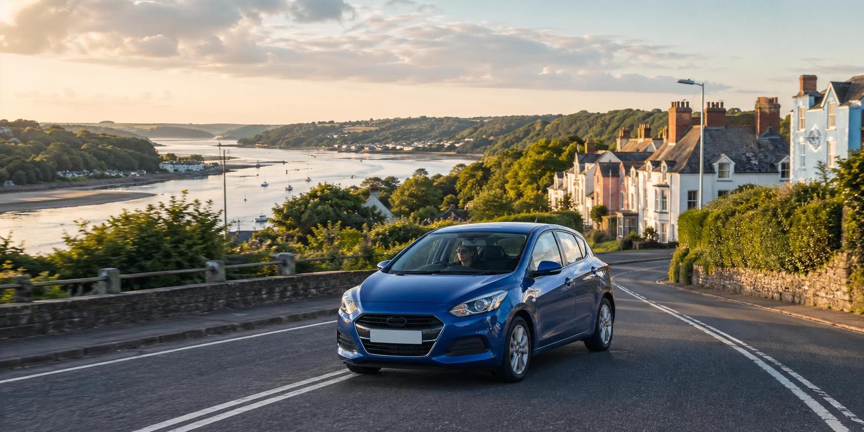 Blue hatchback travelling on a road near the estuary outside Bideford